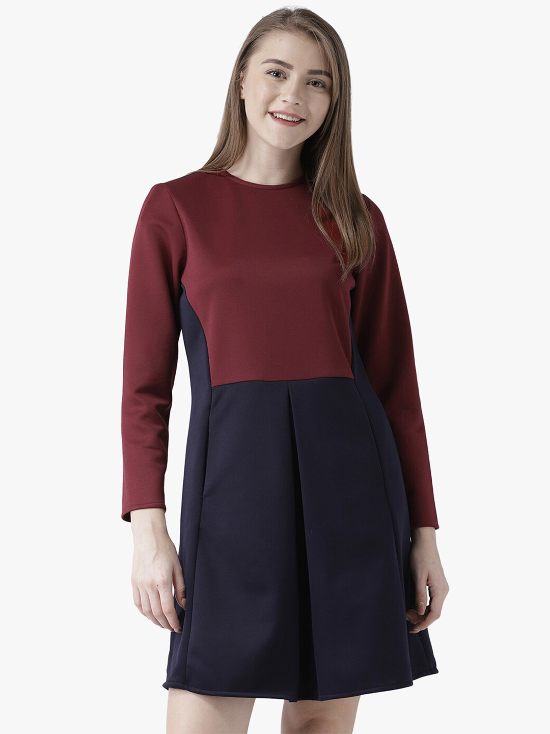 

DODO & MOA Blue & Maroon Colourblocked A-Line Dress