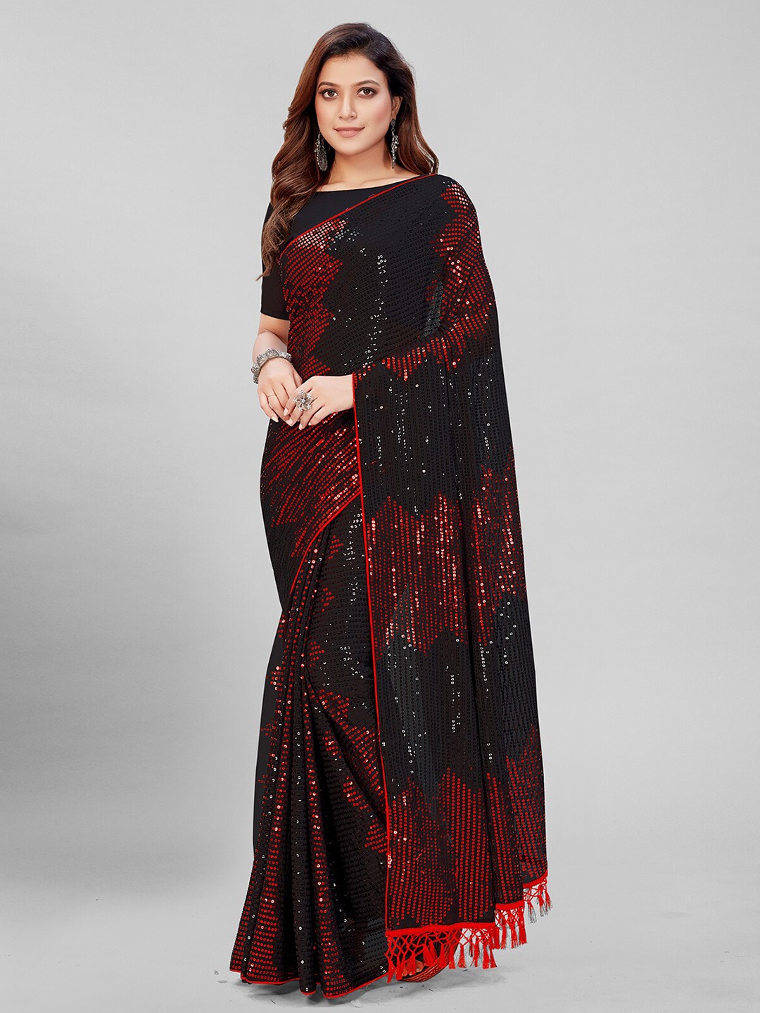 

Granthva Fab Black & Red Embellished Sequinned Pure Georgette Saree