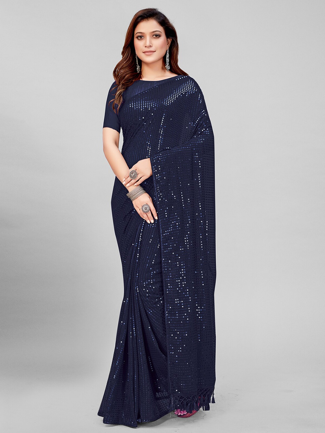 

Granthva Fab Blue Embellished Sequinned Pure Georgette Saree