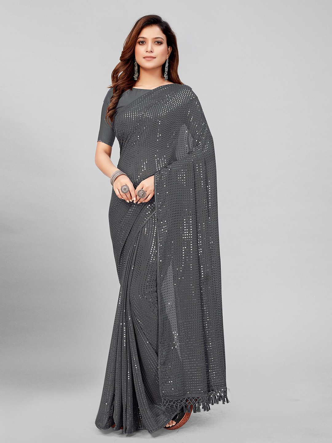 

Granthva Fab Grey Embellished Sequinned Pure Georgette Saree