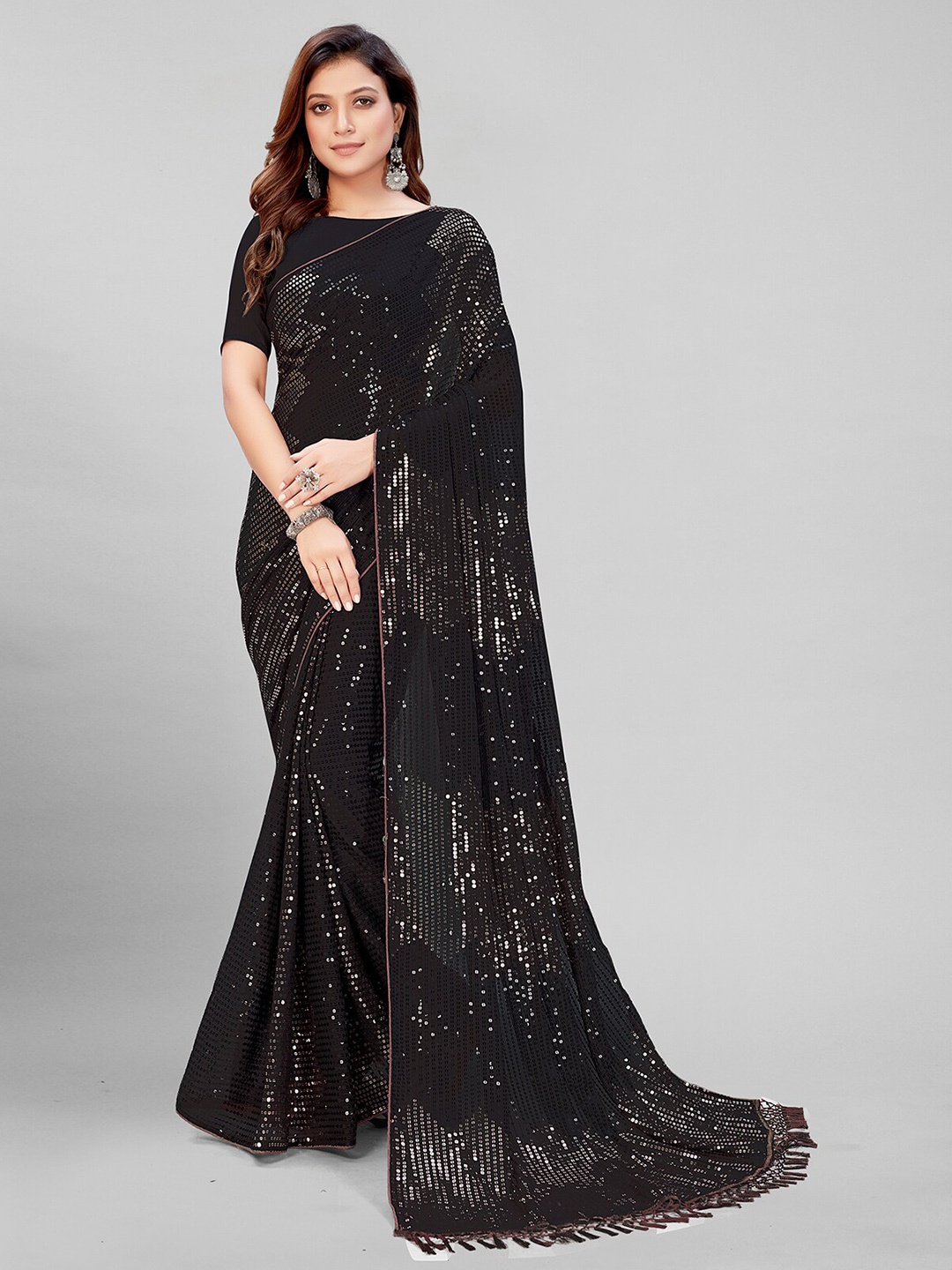 

Granthva Fab Black Embellished Sequinned Pure Georgette Saree