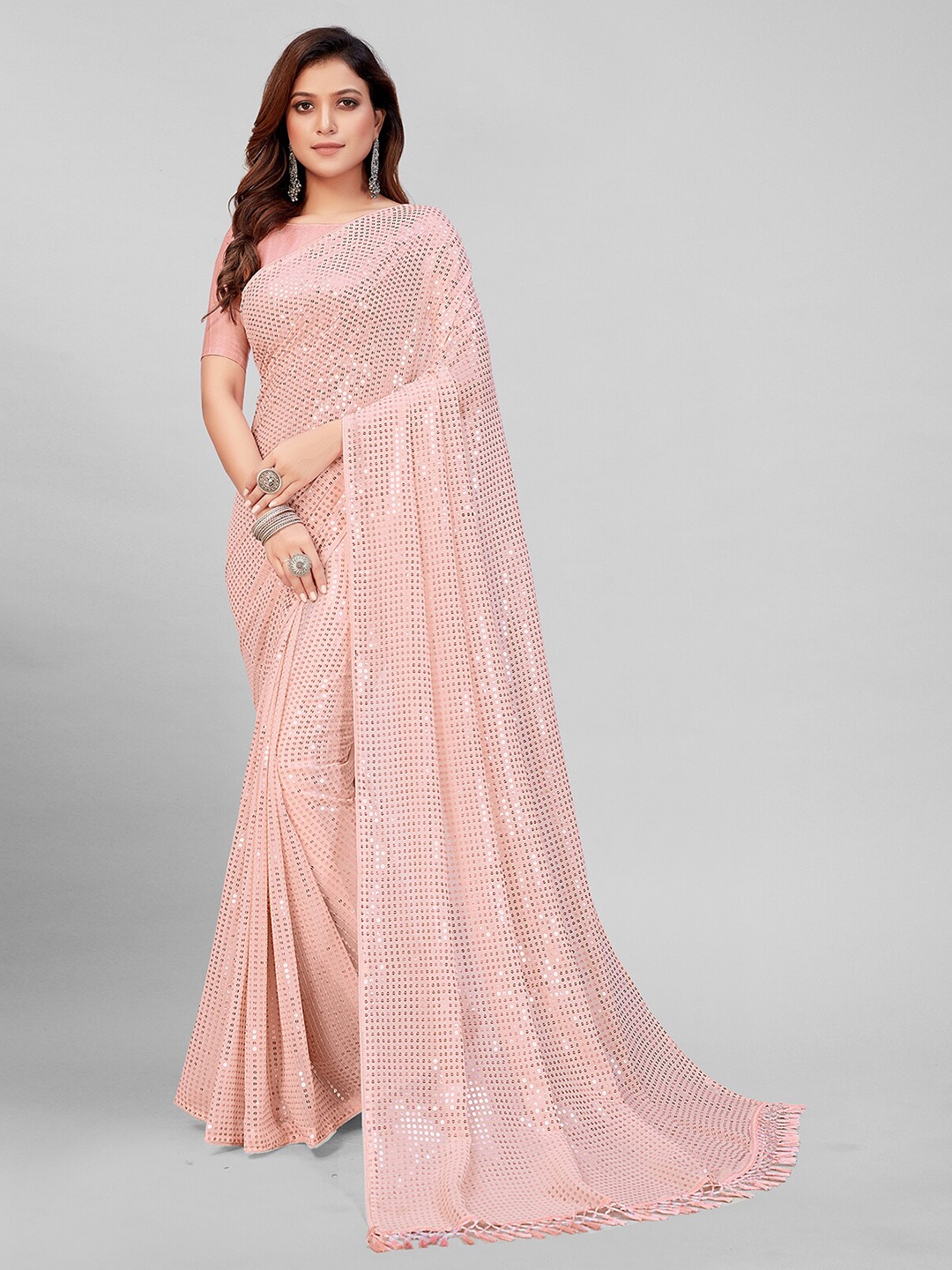 

Granthva Fab Rose & Silver-Toned Embellished Sequinned Pure Georgette Saree