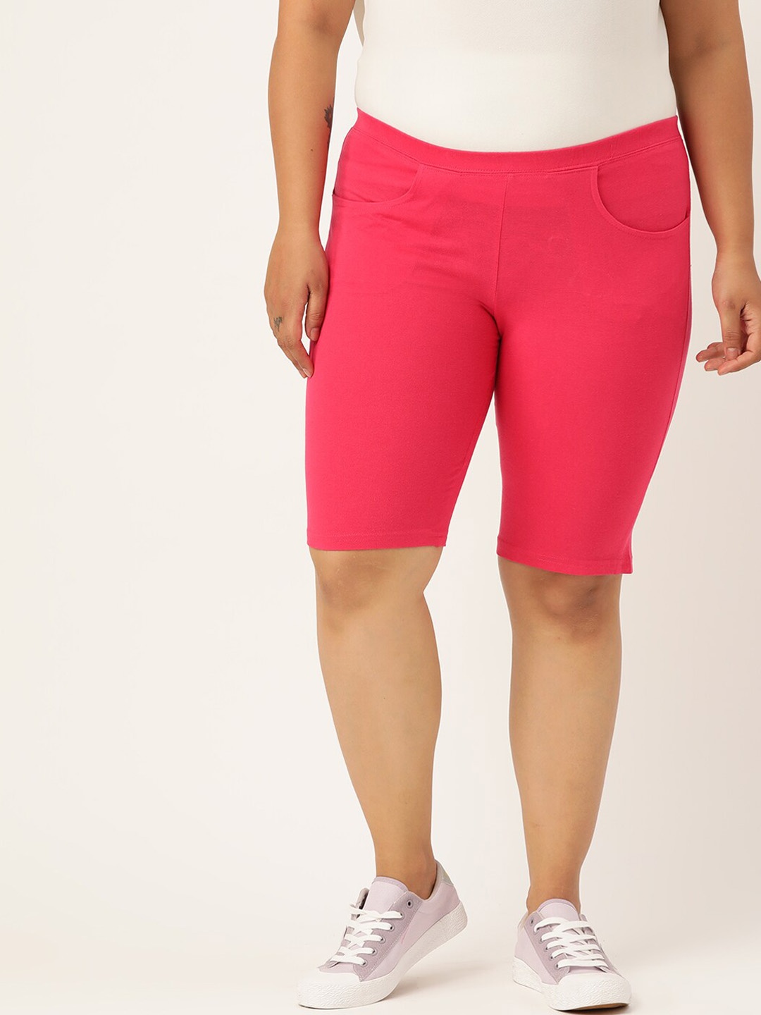 

theRebelinme Women Fuchsia High-Rise Sports Plus Size Cotton Shorts
