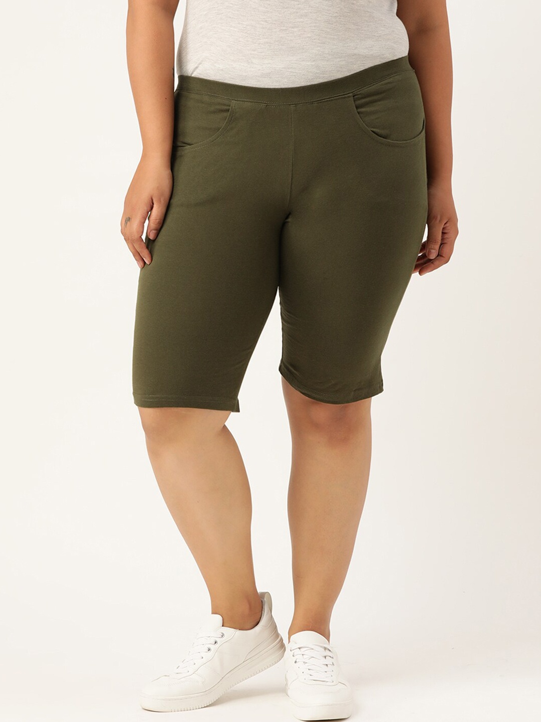 

theRebelinme Women Olive Green Solid High-Rise Shorts