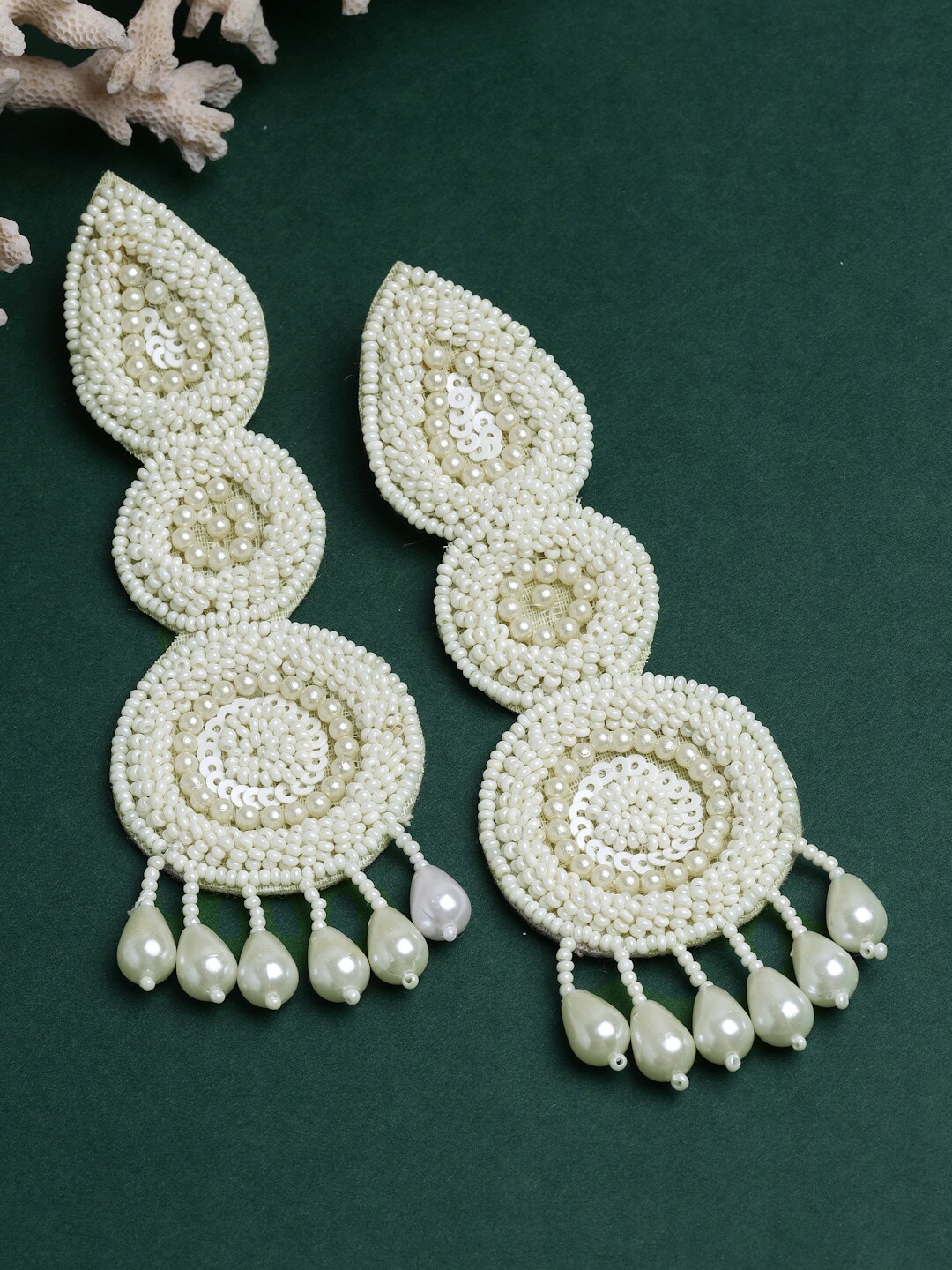 

Moedbuille Silver Plated Beads Sequins & Pearls Tasselled Handcrafted Earrings, Off white