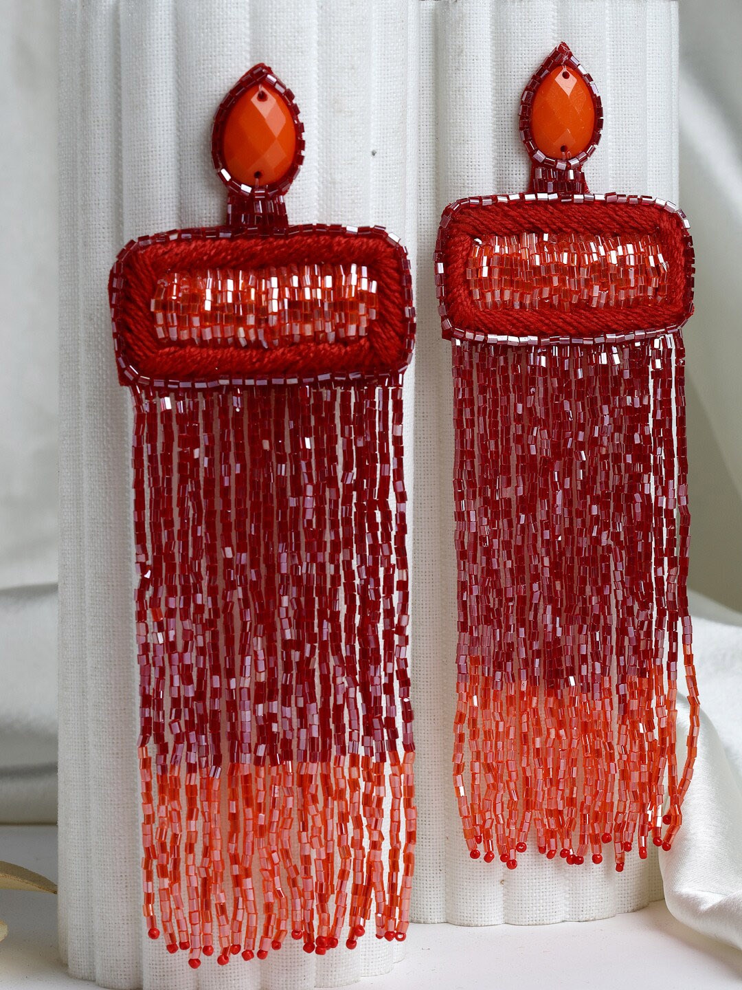 

Moedbuille Silver-Plated Red Handwoven Glass Beads Studded Tasselled Earrings