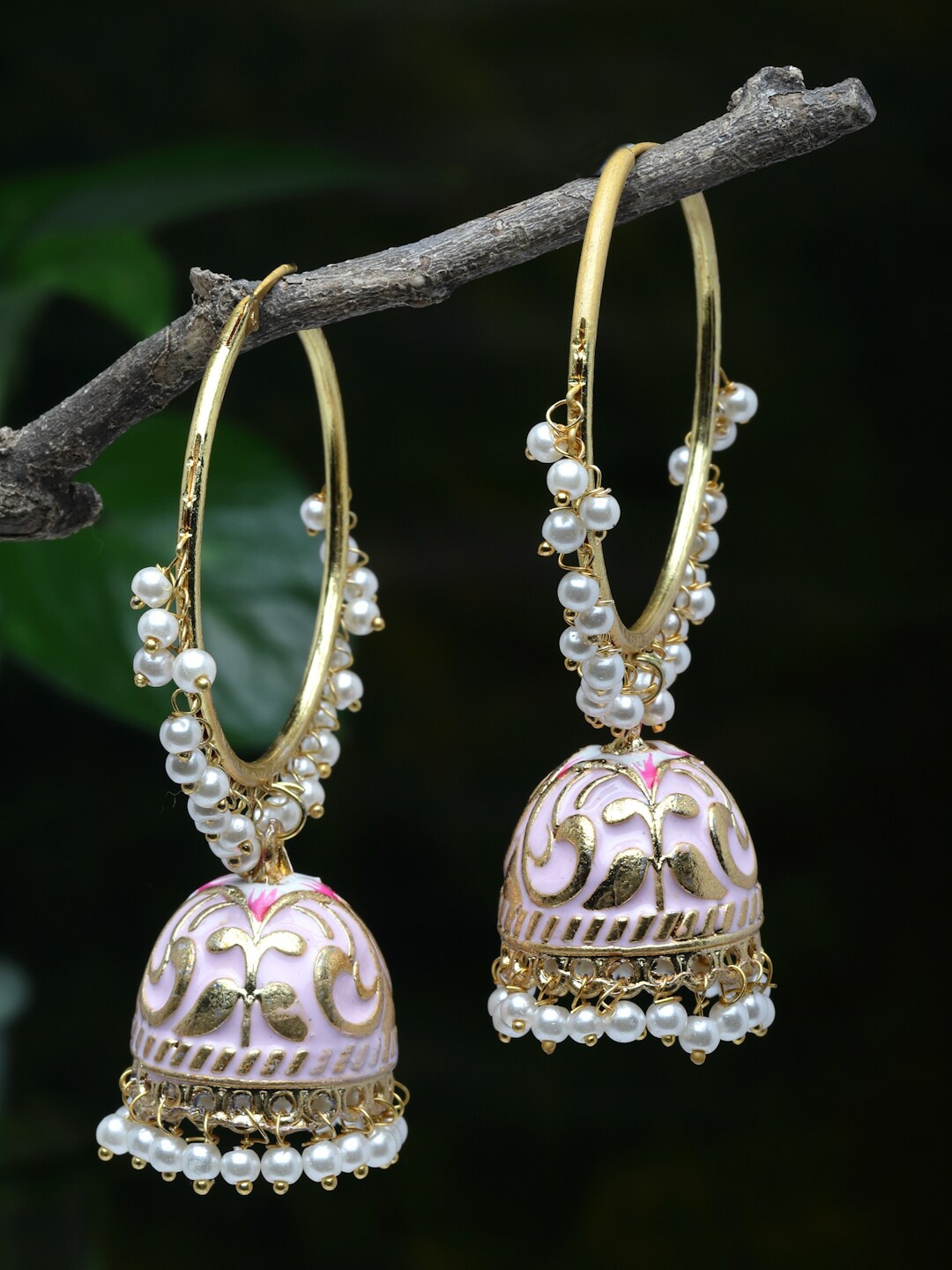 

Moedbuille Pink Gold Plated Pearls Studded Handpainted Meenakari Jhumkas