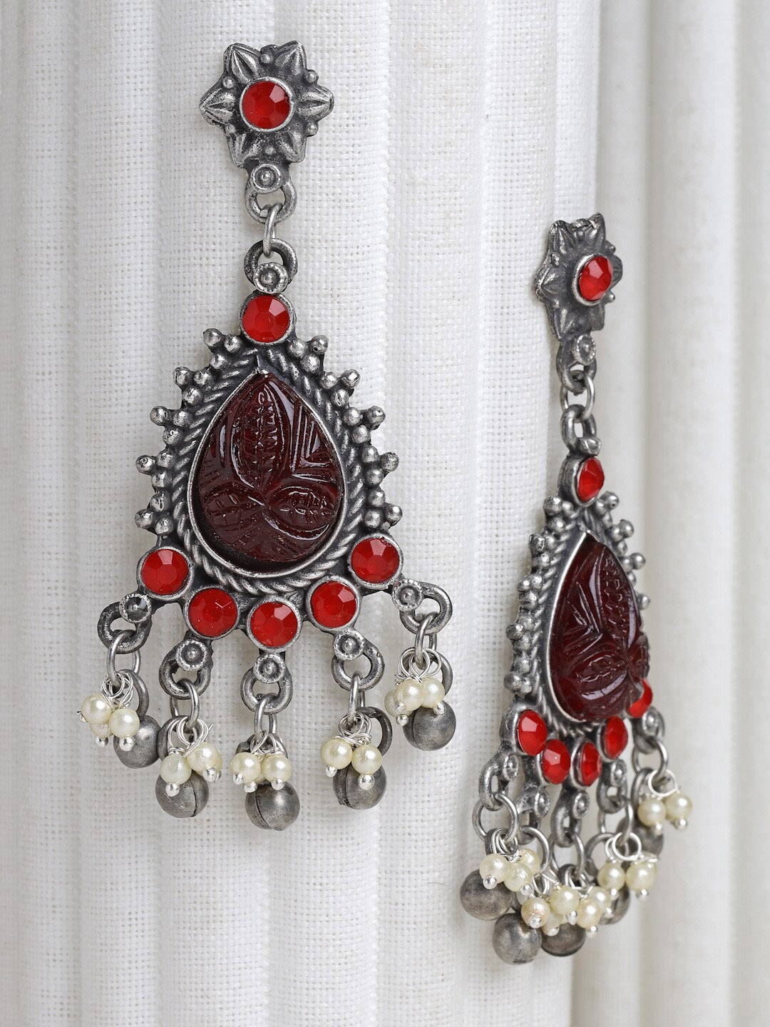 

Moedbuille Silver-Plated Red Agate & Pearls Studded Oxidised Antique Earrings