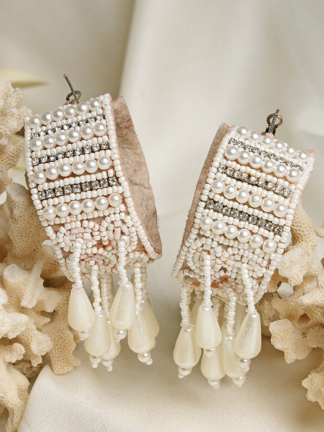 

Moedbuille Silver Plated Off White Pearls & Crystals Contemporary Tassel Hoop Earrings