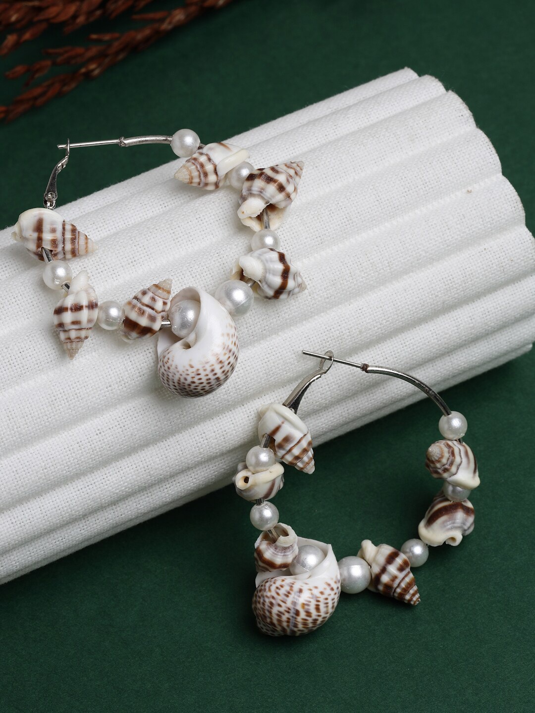 

Moedbuille Silver Plated Cowri & Pearls Studded Filigree Work Oxidised Hoop Earrings, Off white