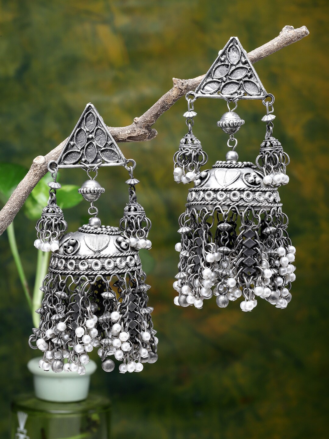 

Moedbuille Silver Plated Pearls Studded Tribal Design Oxidised Antique Tasselled Jhumkas, Metallic