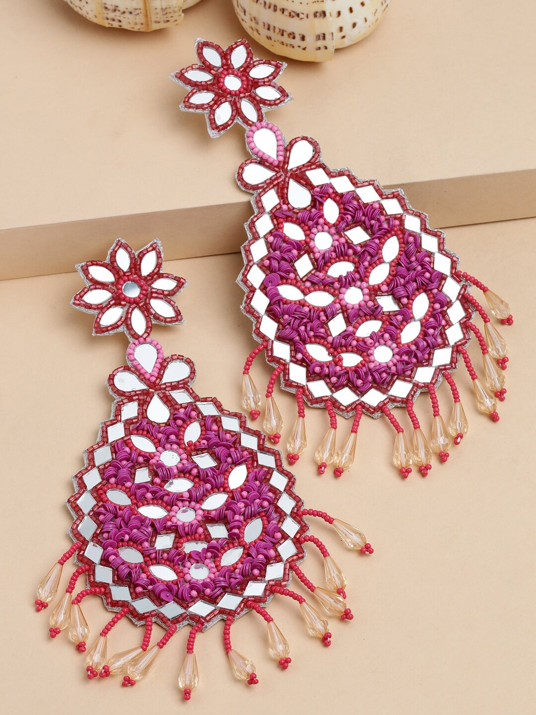 

Moedbuille Silver Plated Pink Beads & Mirrors Contemporary Handwoven Tasselled Earrings