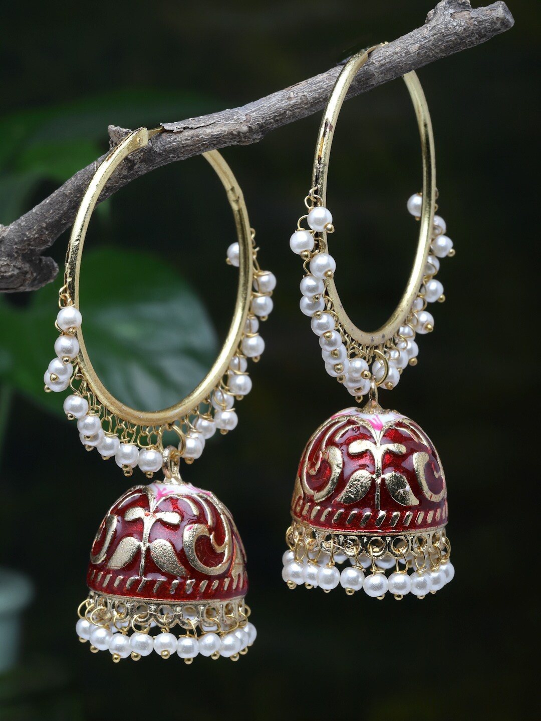 

Moedbuille Gold-Plated Red Pearls Studded Handpainted Meenakari Work Handcrafted Jhumkas