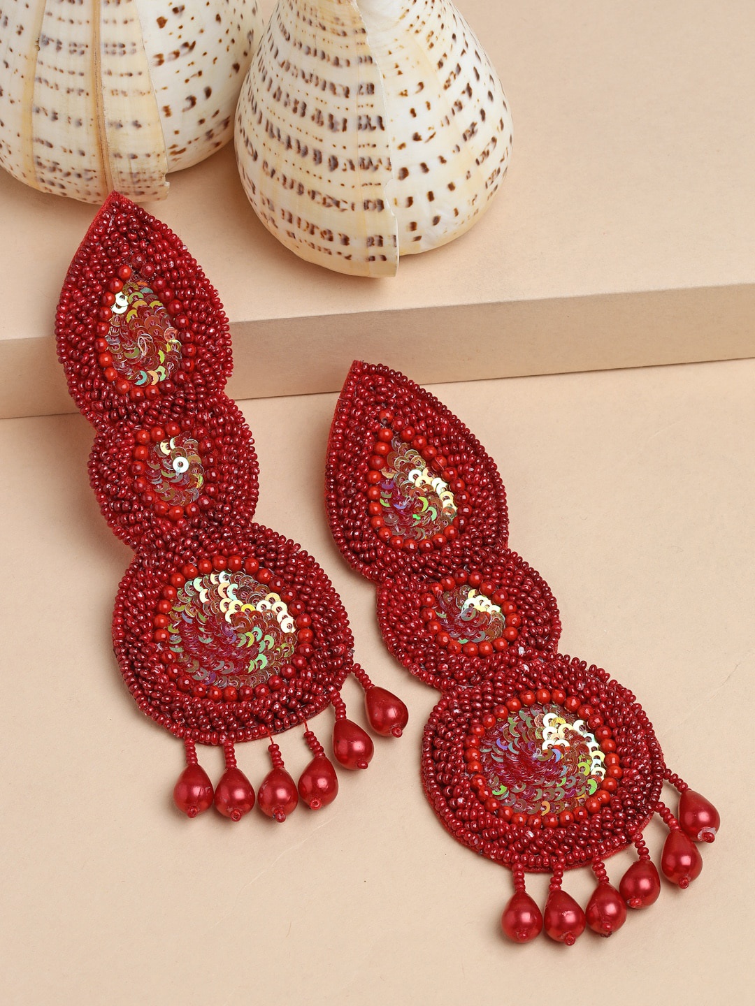 

Moedbuille Silver Plated Red Beads Sequins & Pearls Studded Tasselled Handcrafted Earrings