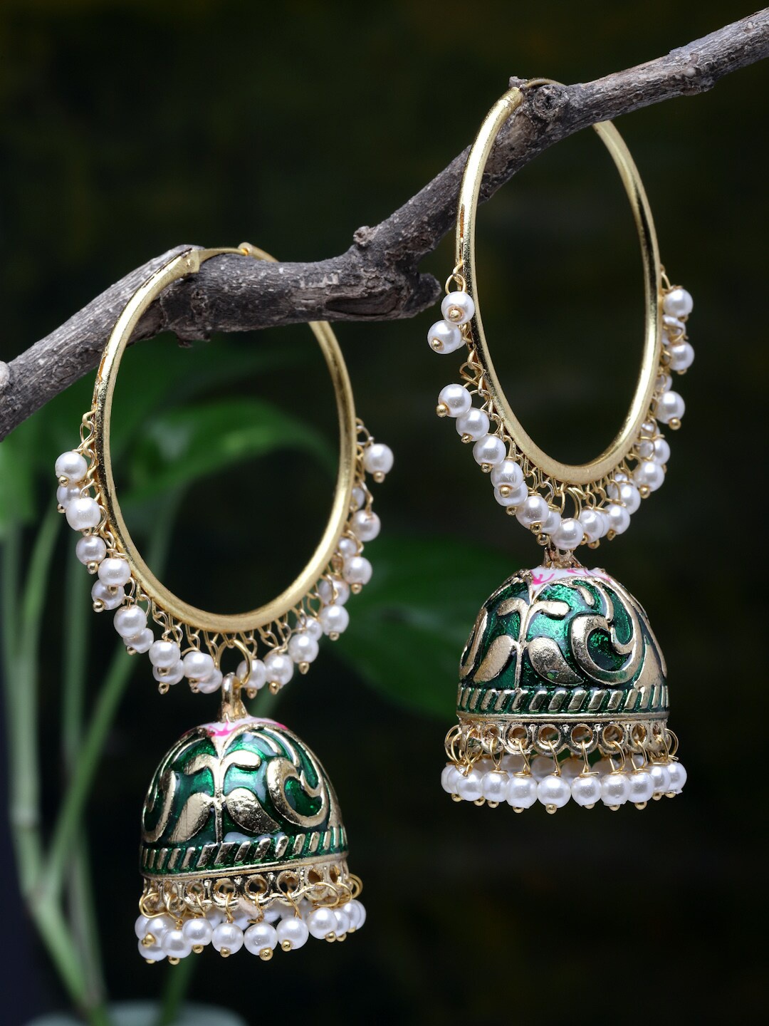 

Moedbuille Gold-Plated Green Pearls Studded Handpainted Meenakari Handcrafted Jhumkas