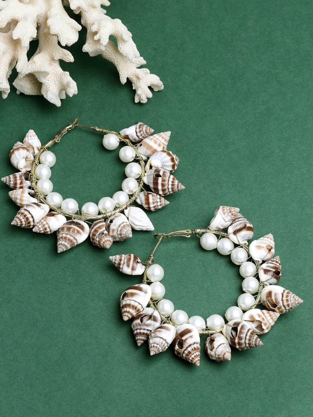 

Moedbuille Gold Plated Handcrafted Cowri & Pearls Studded Filigree Oxidised Hoop Earrings, Off white