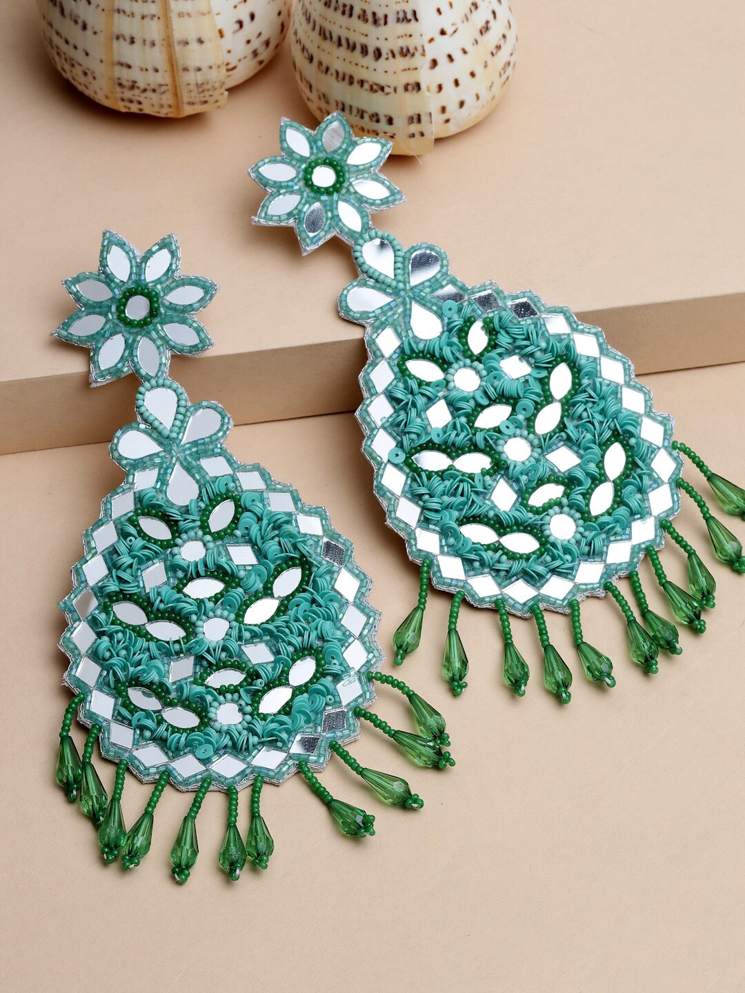 

Moedbuille Silver-Plated Green Beads & Mirrors Contemporary Handwoven Tasselled Earrings