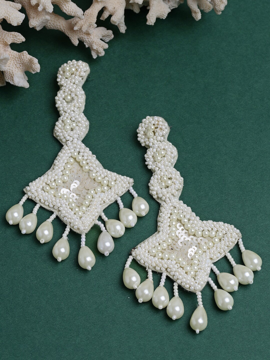 

Moedbuille Silver Plated Sequins Beads & Pearls Contemporary Tasselled Earrings, Off white