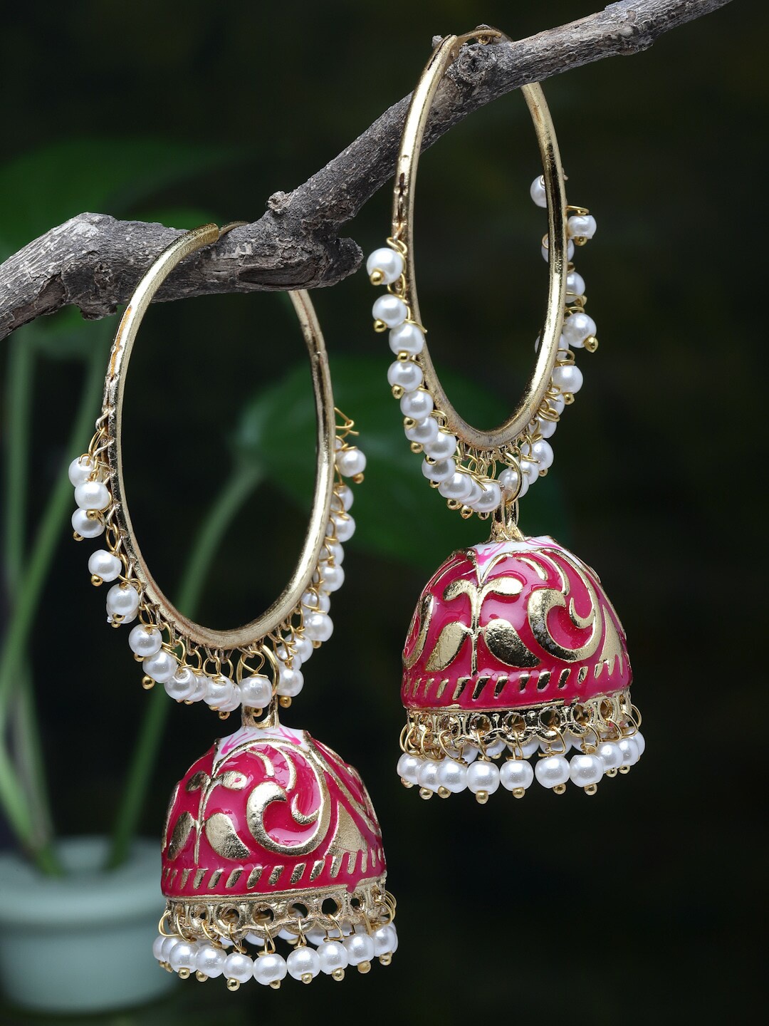 

Moedbuille Gold Plated Pink Pearls Studded Handpainted Meenakari Handcrafted Jhumkas