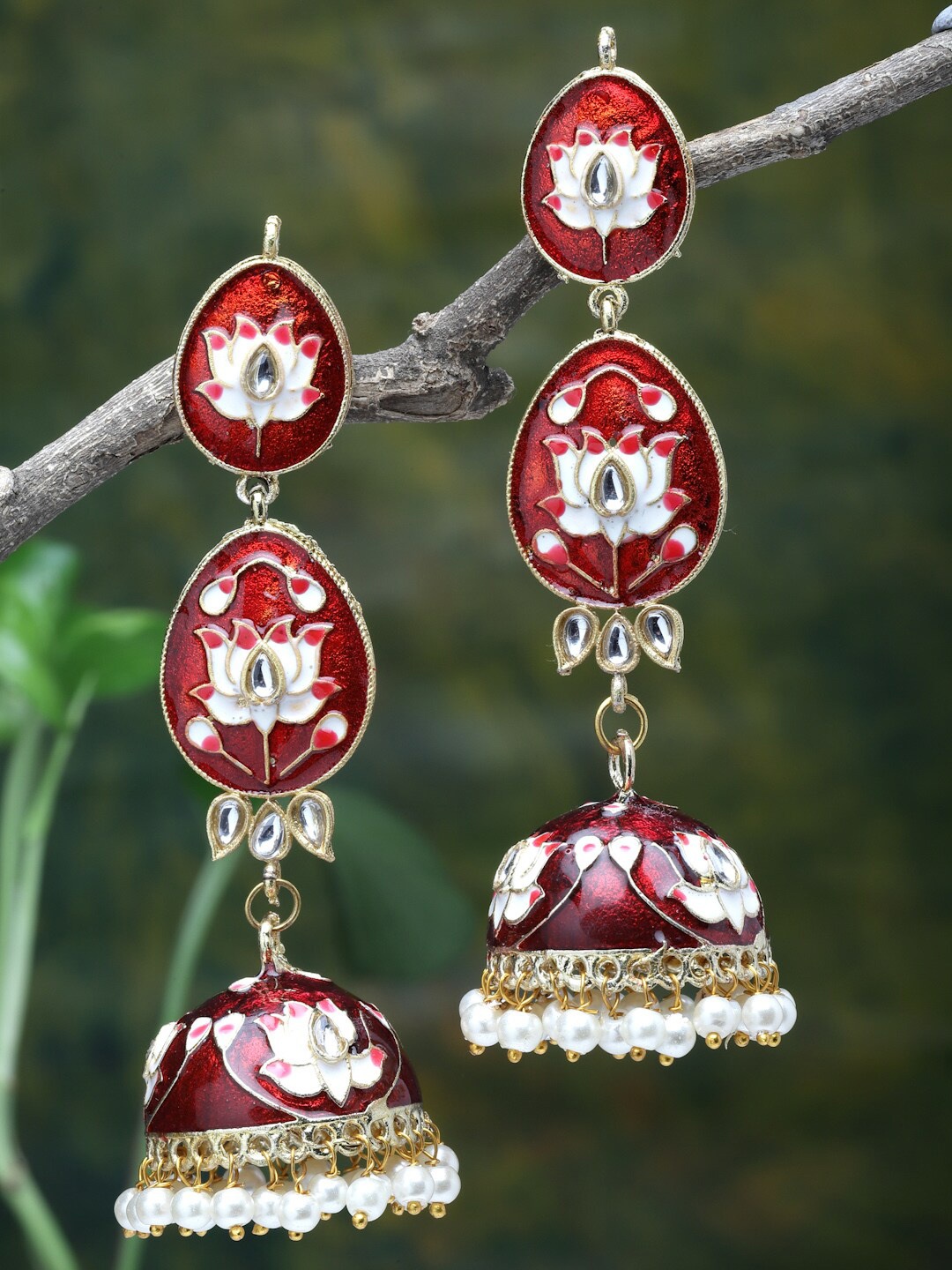 

Moedbuille Gold-Plated Red Kundan & Pearls Studded Handpainted Meenakari Jhumkas