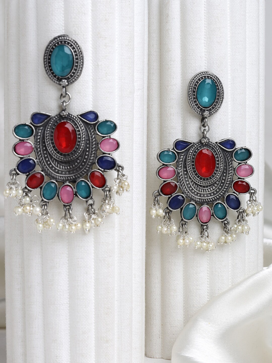 

Moedbuille Silver Plated Crystals & Pearls Studded Oxidised Antique Chandbalis