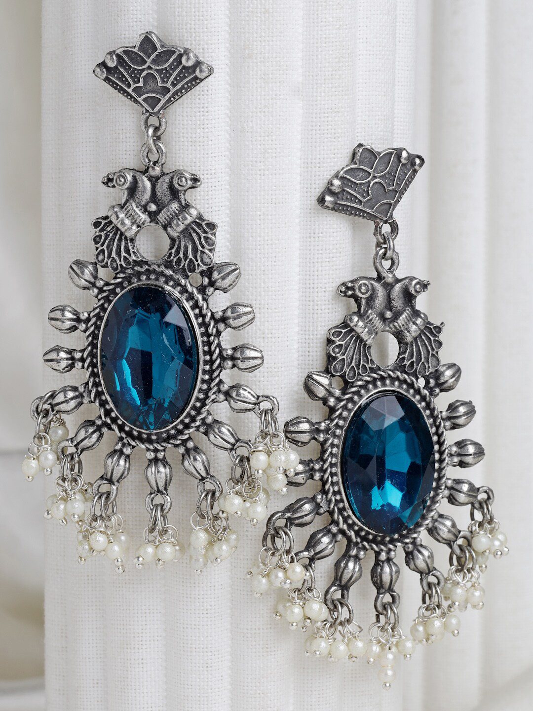 

Moedbuille Silver Plated Blue Crystals & Pearls Studded Oxidised Antique Earrings