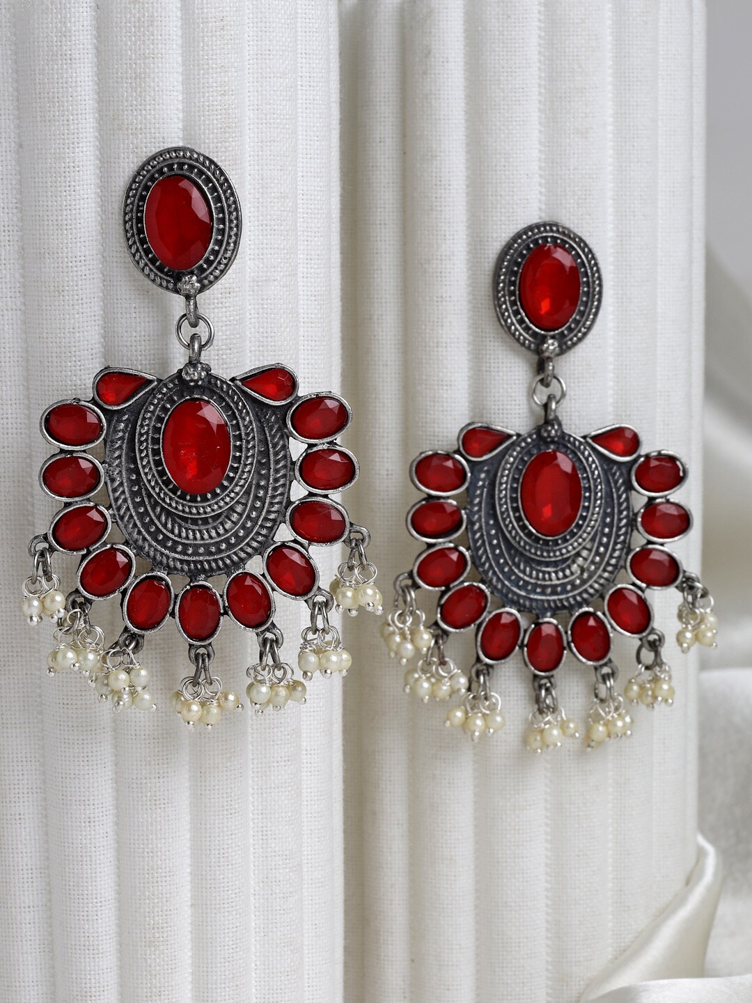 

Moedbuille Silver Plated Red Crystals & Pearls Studded Oxidised Antique Chandbalis