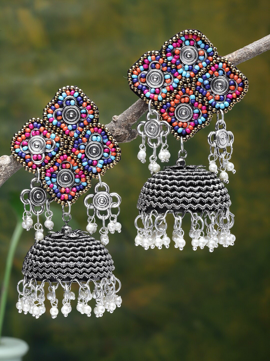 

Moedbuille Silver Plated Handcrafted Multi Beads Afghan Tasselled Oxidised Antique Jhumkas