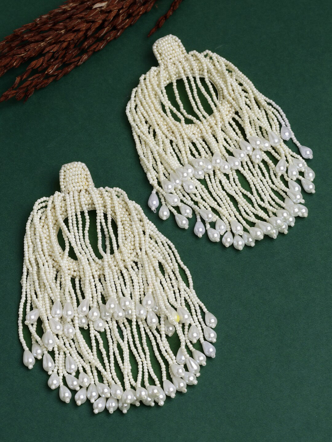 

Moedbuille Silver Plated Beads & Pearls Studded Tassell Handcrafted Chandbalis, Off white