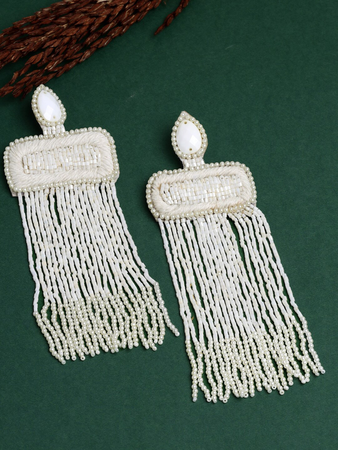 

Moedbuille Silver Plated Handwoven Glass Beads Tasselled Handcrafted Earrings, Off white