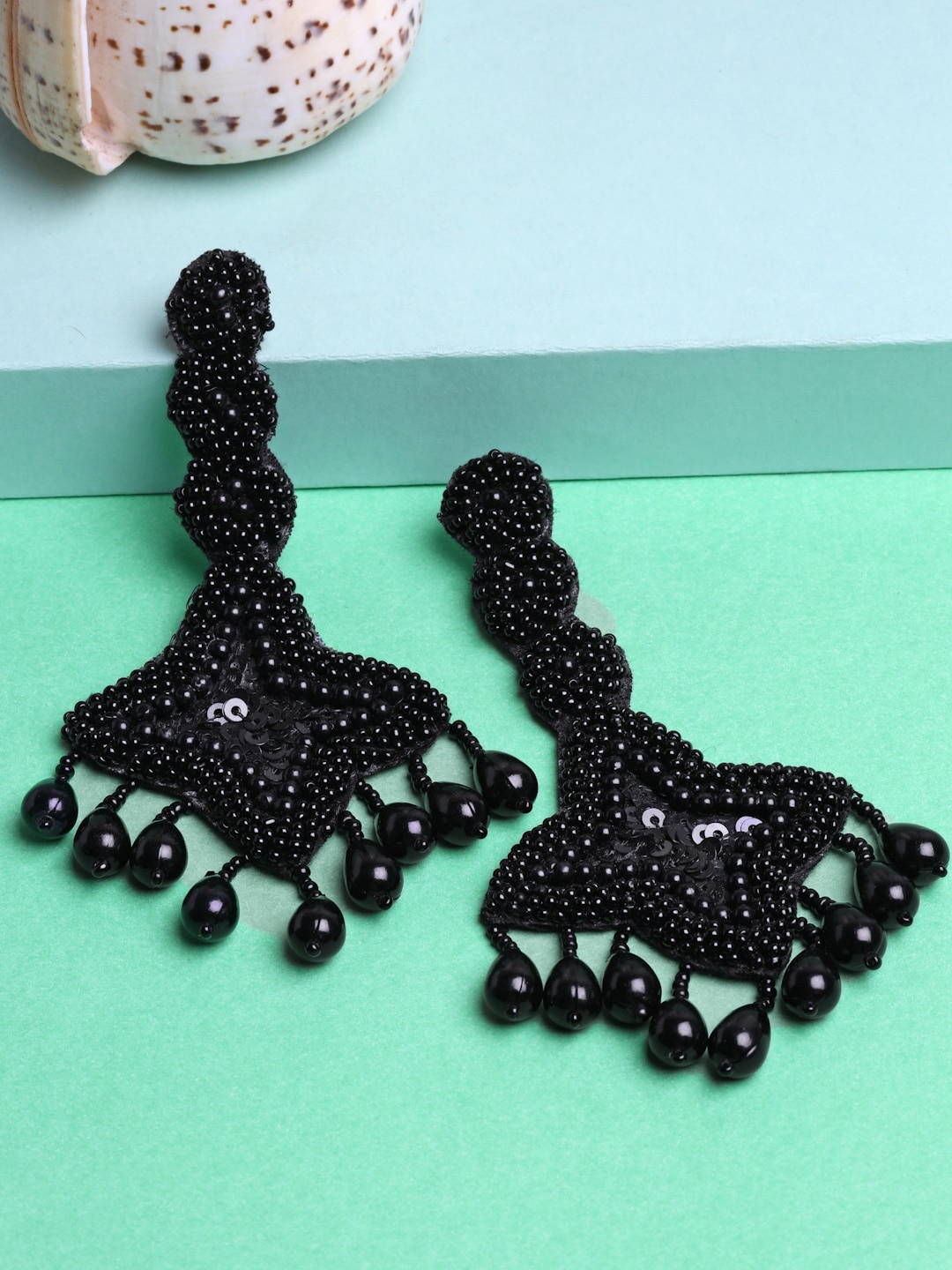 

Moedbuille Silver-Plated Sequins Beads & Pearls Tasselled Handcrafted Earrings, Black