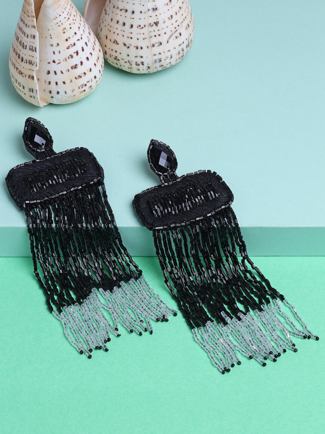 

Moedbuille Silver-Plated Handwoven Black Glass Beads Studded Tasselled Earrings