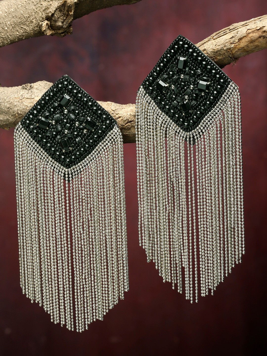

Moedbuille Silver Plated Handcrafted Crystals & Beads Contemporary Tassell Earrings, Black
