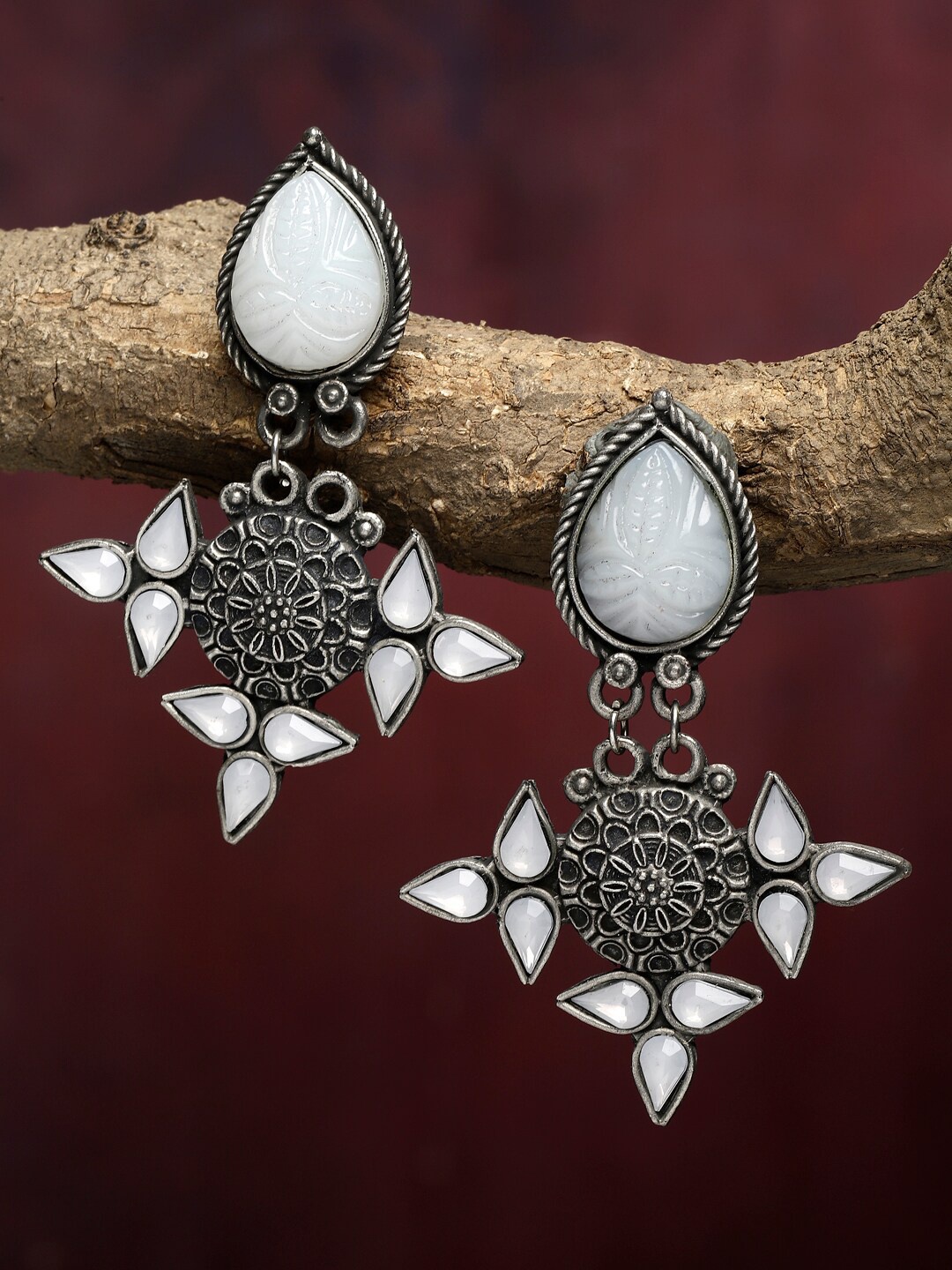 

Moedbuille Silver Plated Off White Agate & Crystals Studded Oxidised Handcrafted Earrings