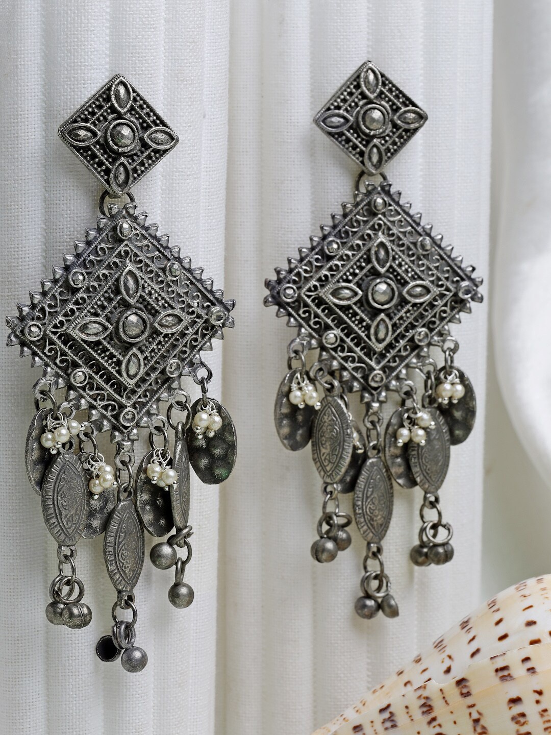 

Moedbuille Silver-Plated Pearls Studded Tribal Design Oxidised Antique Tasselled Earrings, Metallic