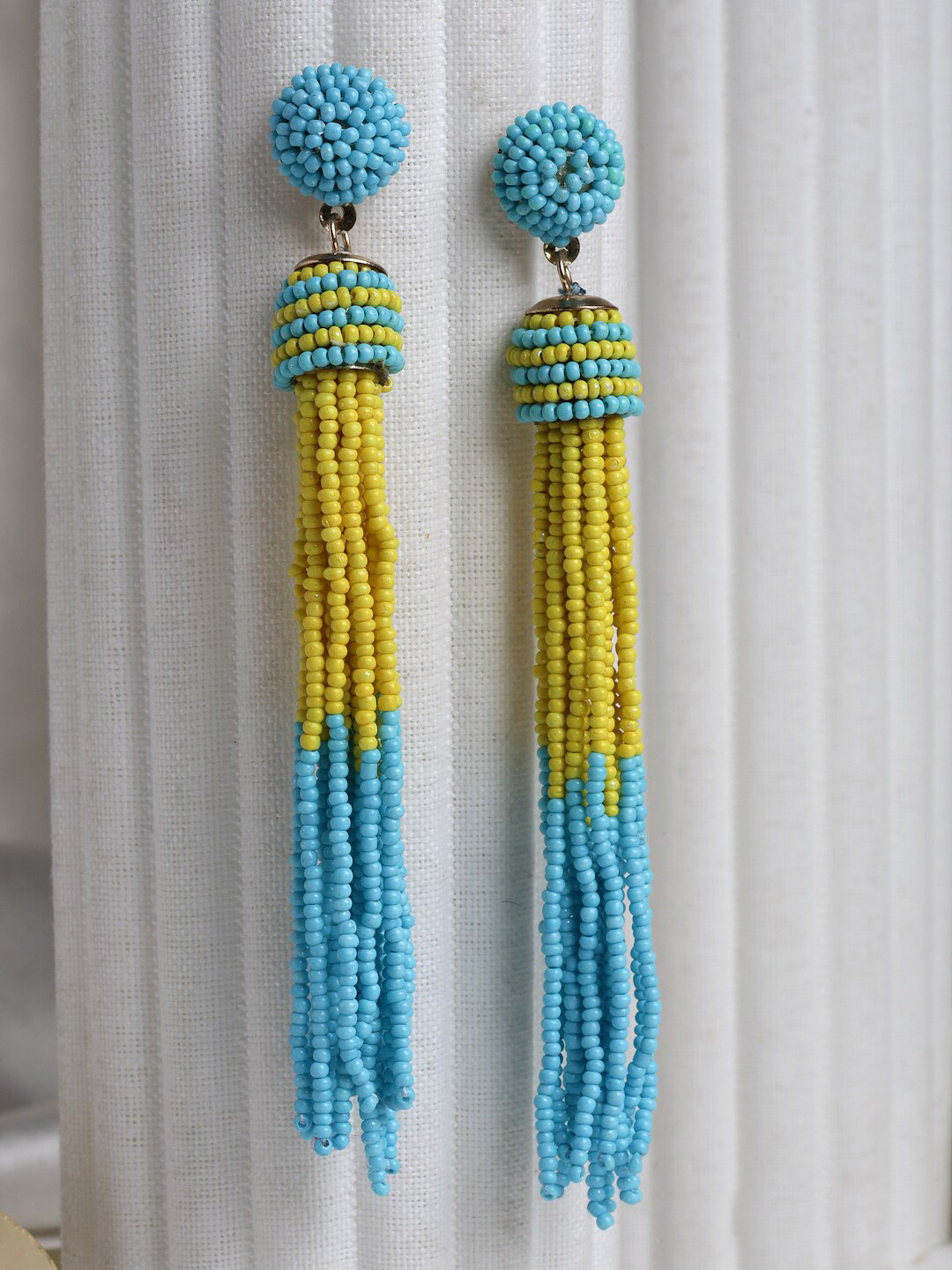 

Moedbuille Gold Plated Yellow & Blue Beads Contemporary Tasselled Handcrafted Earrings