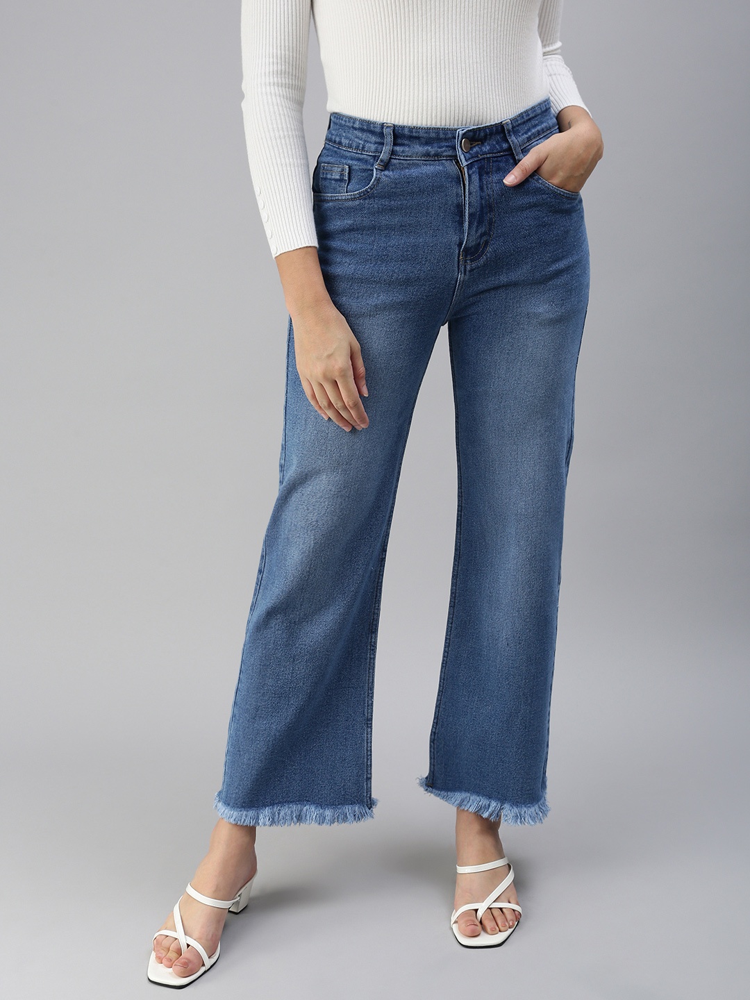 

SHOWOFF Women Blue Wide Leg High-Rise Light Fade Stretchable Jeans