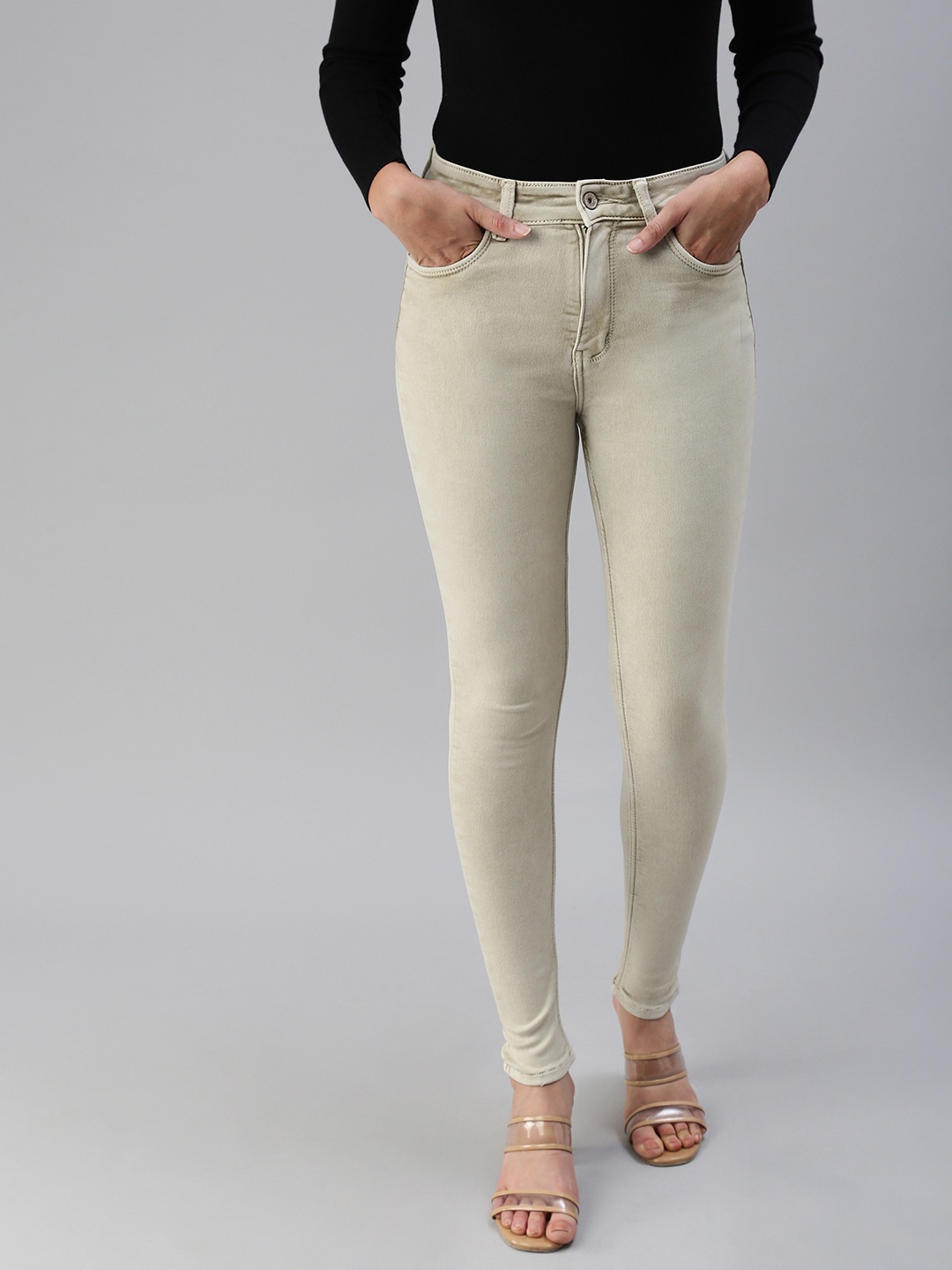 

SHOWOFF Women Beige Skinny Fit High-Rise Stretchable Jeans