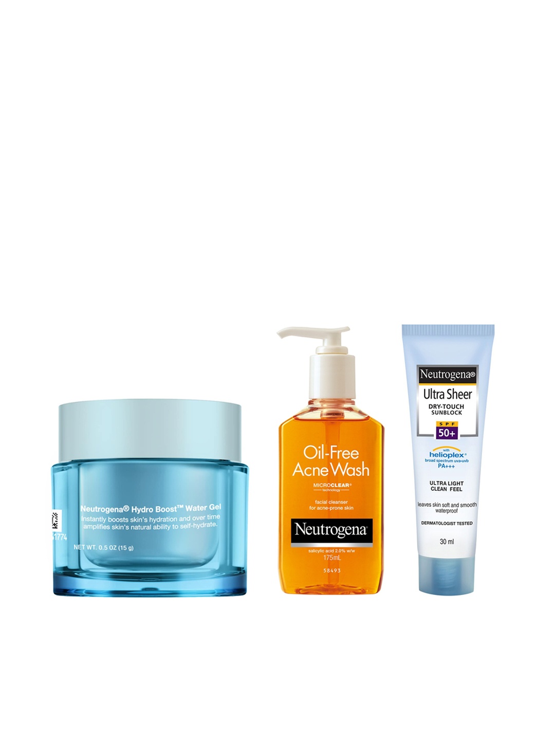 

Neutrogena Set of Hydro Boost Water Gel, Oil-Free Acne FaceWash & Sheer Dry Touch Sunblock, Orange