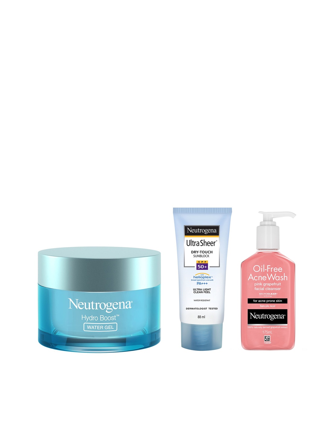 

Neutrogena Set of Hydro Boost Gel, Oil Free Grapefruit Facewash & Sheer Dry Touch Sunblock, Blue