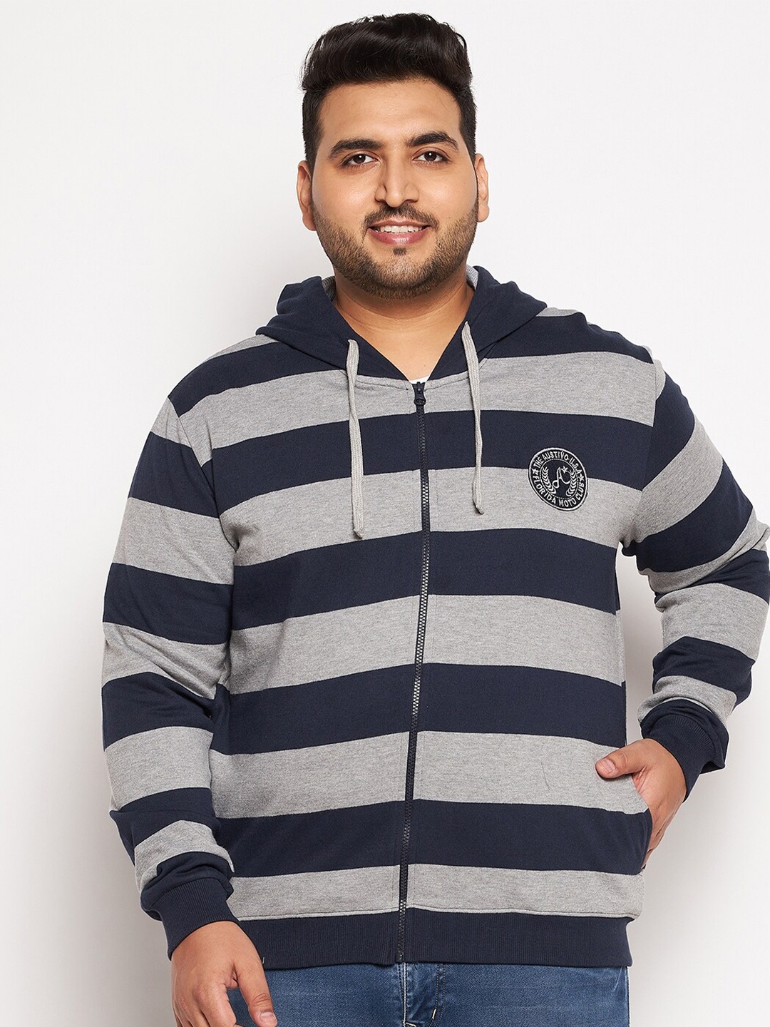 

AUSTIVO Men Navy Blue Striped Hooded Cotton Sweatshirt