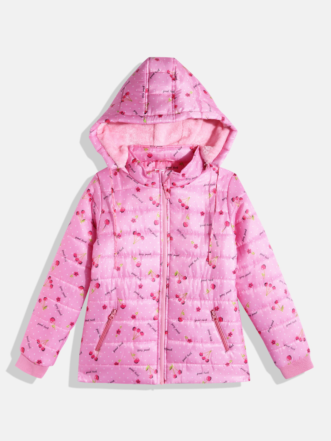

Provogue Girls Pink & Red Typography Print Detachable Hood Padded Jacket