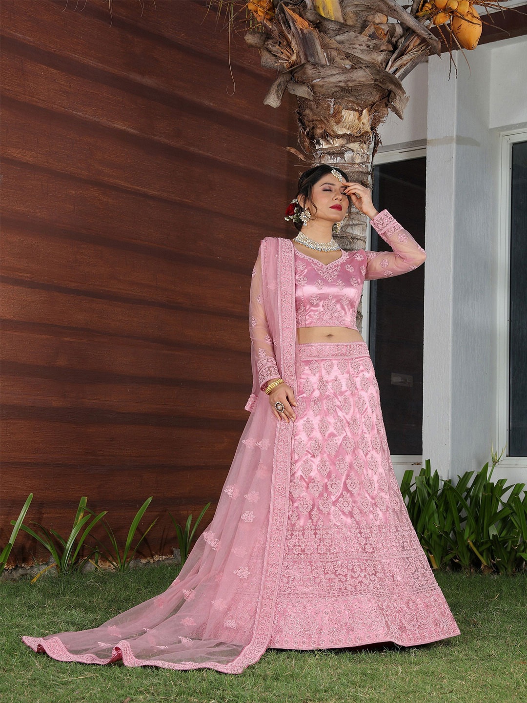 

ASPORA Pink Embroidered Semi-Stitched Lehenga & Unstitched Blouse With Dupatta