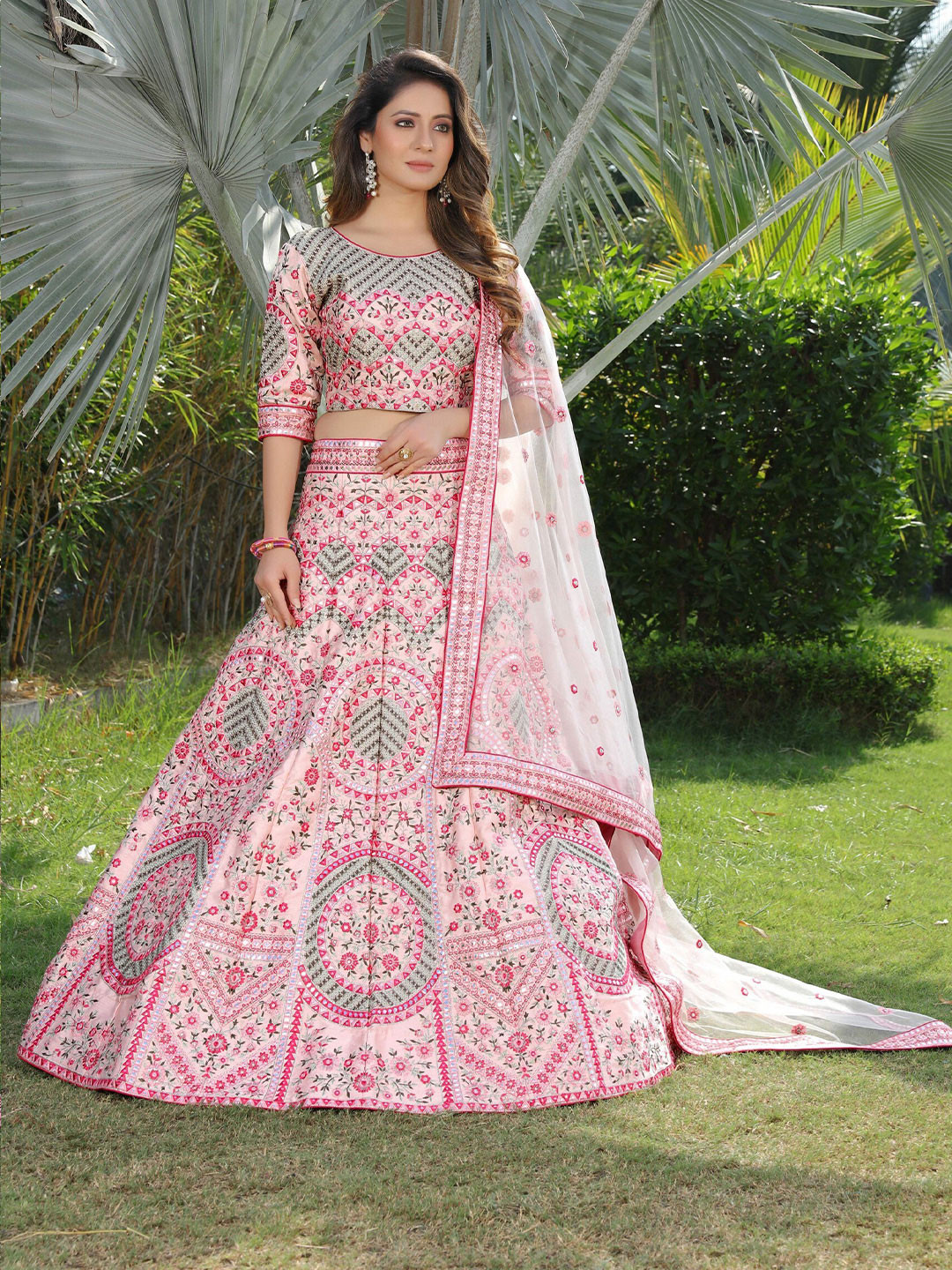 

ASPORA White & Pink Embroidered Semi-Stitched Lehenga & Unstitched Blouse With Dupatta