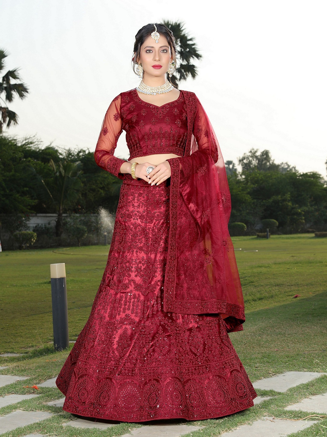 

ASPORA Maroon Embroidered Beads and Stones Semi-Stitched Lehenga & Unstitched Blouse With Dupatta