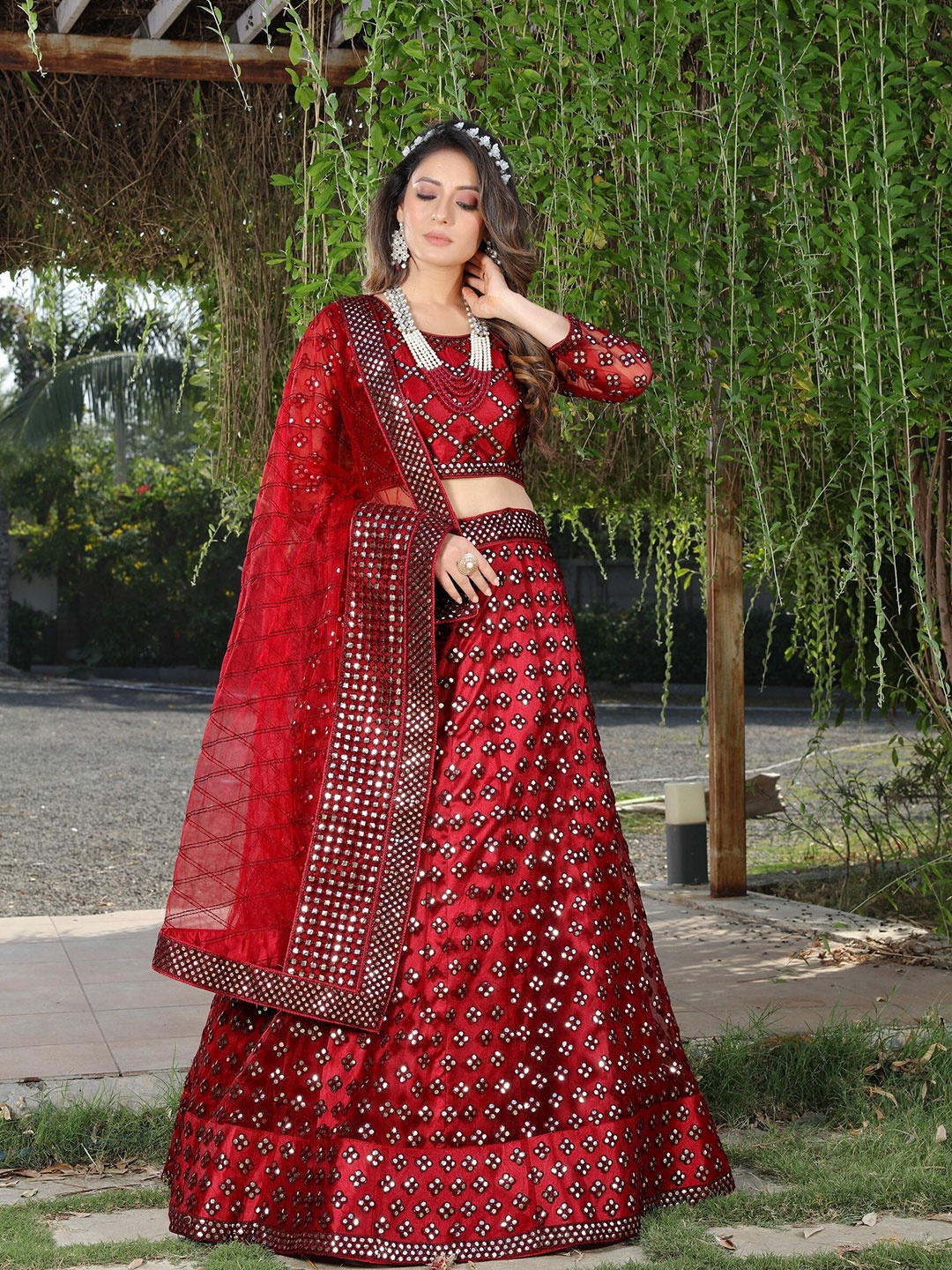 

ASPORA Maroon Embroidered Semi-Stitched Lehenga & Unstitched Blouse With Dupatta
