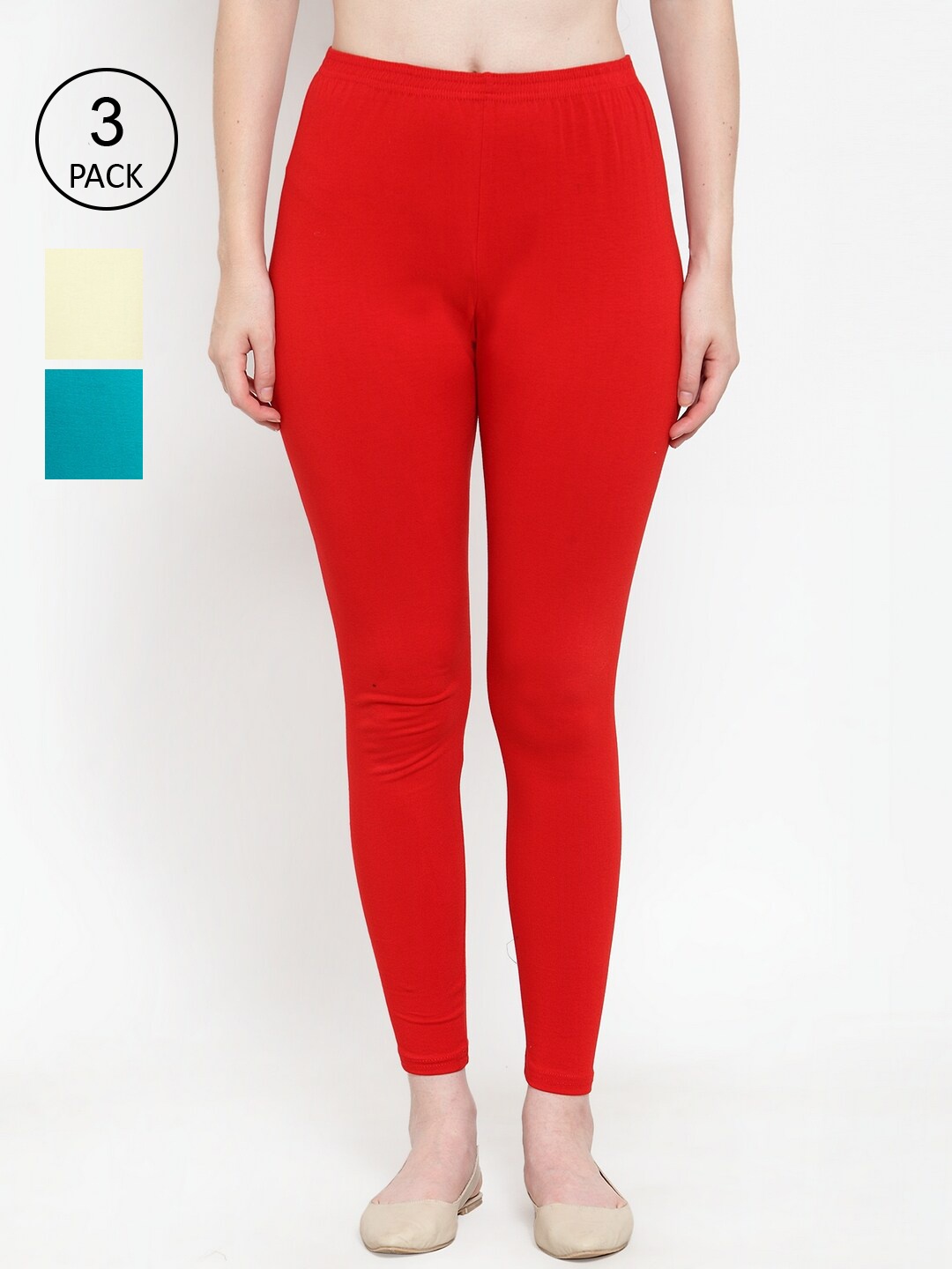 

GRACIT Women Pack of 3 Solid Ankle Length Cotton Leggings, Red