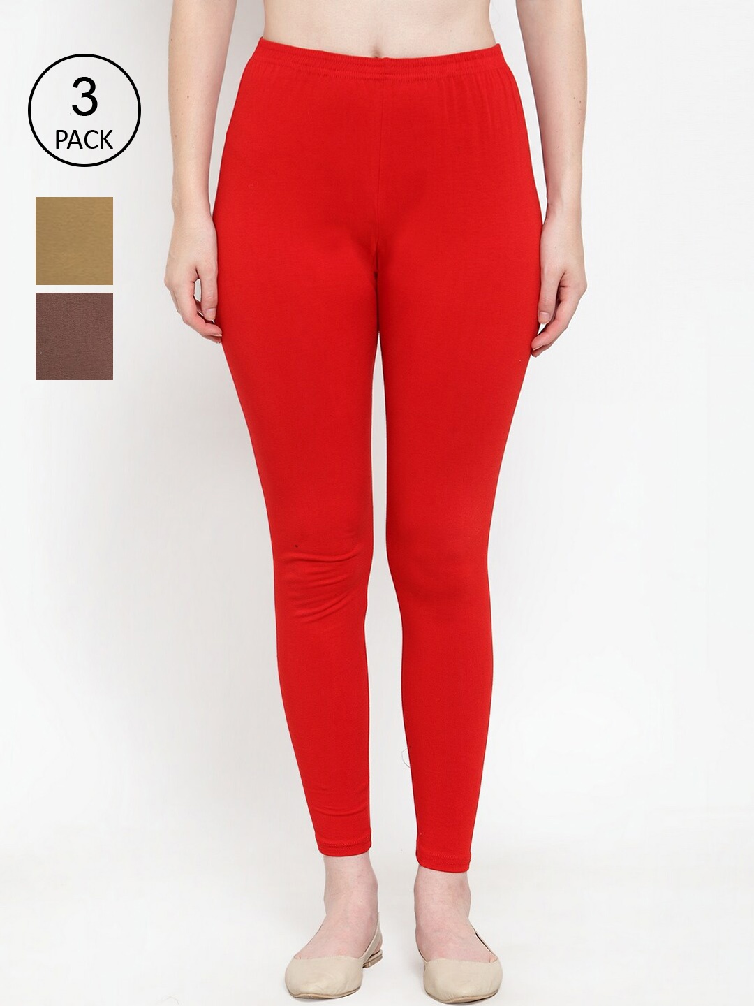 

GRACIT Women Pack Of 3 Solid Ankle Length Leggings, Red