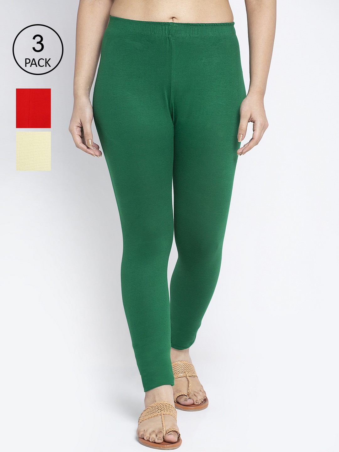 

GRACIT Women Pack Of 3 Green Red Cream Solid Ankle Length Leggings