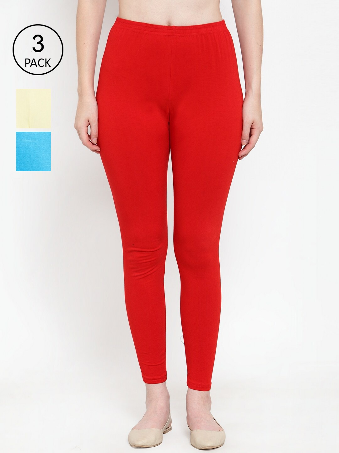 

GRACIT Women Pack Of 3 Red & Blue Solid Ankle-Length Leggings